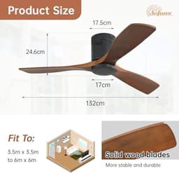 Plafondventilator met Afstandsbediening, 132cm Houten Plafondventilator, 6 Snelheden, Timer, DC Motor, Stil voor Slaapkamer — thumbnail 4