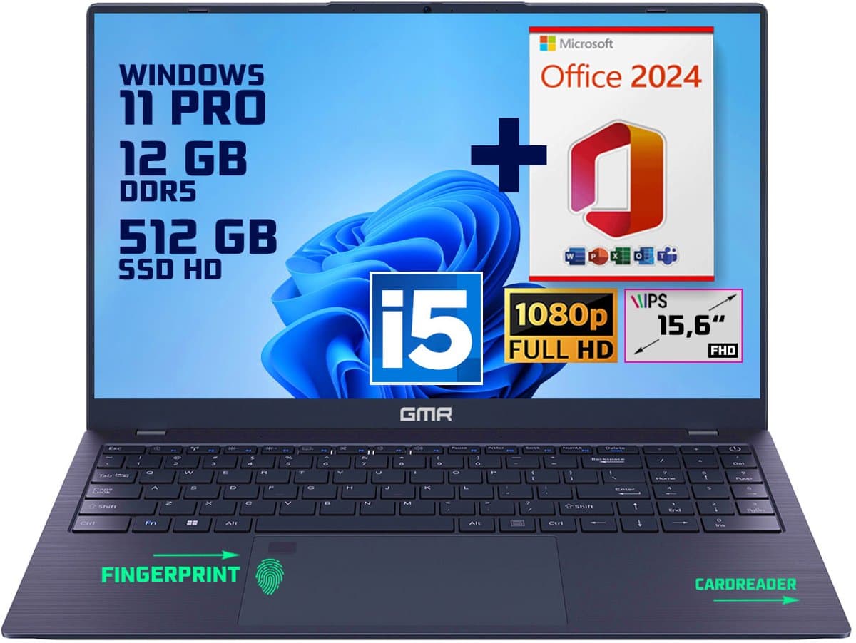 GMR | Elegante 15.6-inch Laptop voor Professionals | Intel i5 Processor - 12GB DDR5 RAM - 512GB M.2 SSD | Perfect voor Office & Zakelijk Gebruik (Windows 11 Pro + Office 2024) — afbeelding 1
