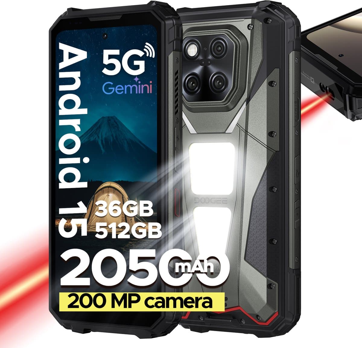 DOOGEE V Max LR 5G - Robuuste Smartphone - Robuuste Telefoon - 36 GB RAM + 512 GB ROM - Met 40 m laserdetectie - 20500 mAh/45 W - MTK 7300 - 6,78 inch FHD+120 Hz - 200 MP+32 MP camera - 1200 LMkampeerlamp - 3 kaartsleuven - WiFi 6E - NFC - Grijs — afbeelding 1