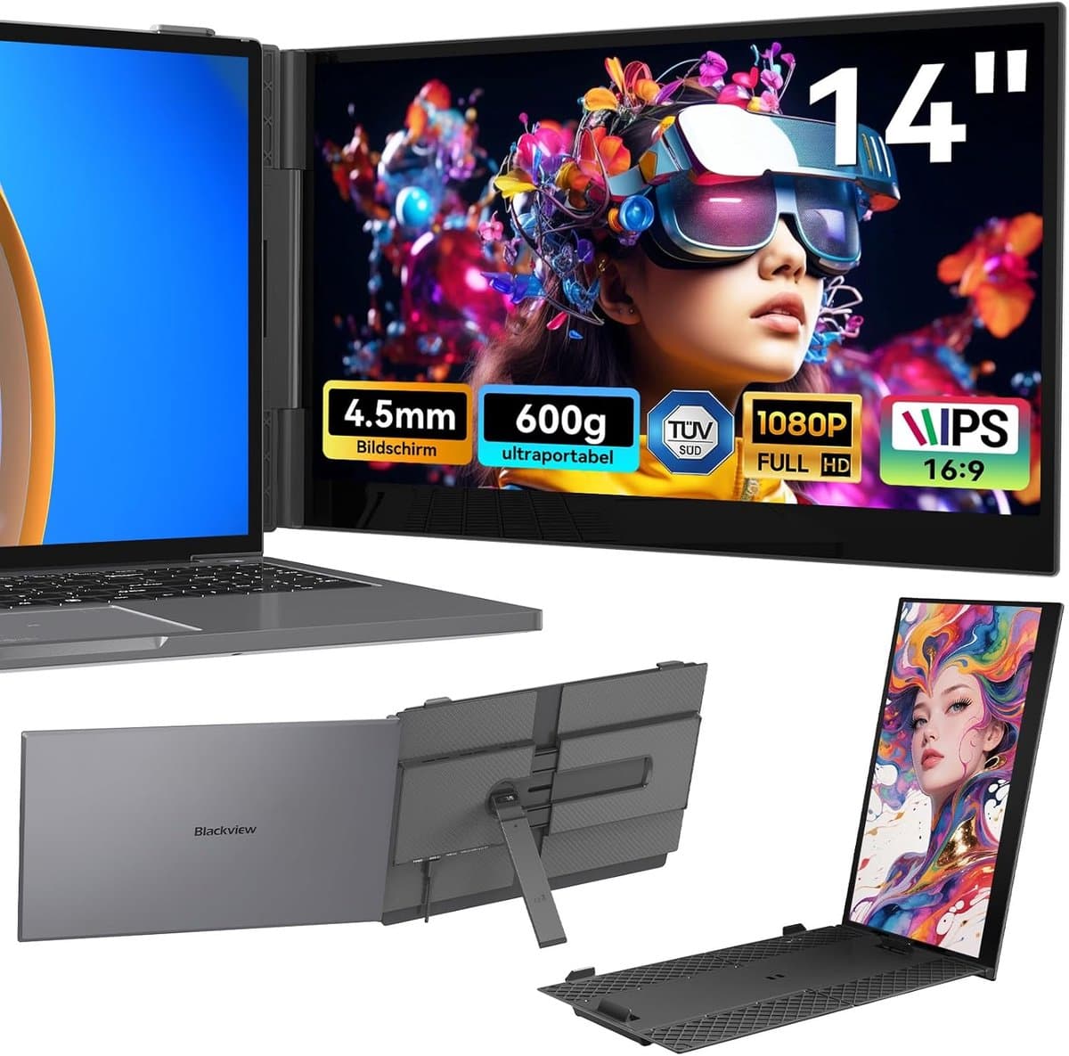 Blackview SCM6 Draagbare Monitor 14" – Extra Laptopscherm 13-17.3" – Uitbreidingsscherm – Plug & Play – 4,5mm Dun 600g Licht – IPS Full HD – TÜV Low Blue Light – 3x USB-C – 100W PD – Inclusief Kabels & Beschermhoes – Grijs — afbeelding 1
