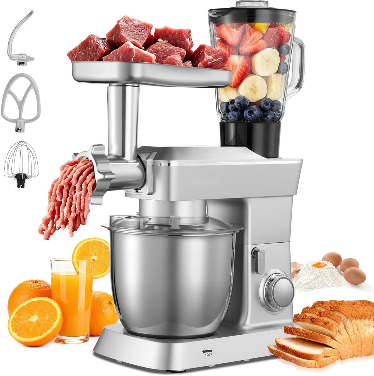 Elektrische Keukenmachine - Keukenmixer - 1300 W Motor - RVS Kom 4,3 L - Extra Mengkom 1,5 L - 6+P Snelheden - Met Deeghaak, Garde En Klopper — afbeelding 1