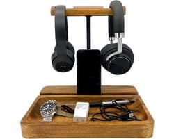 Dubbele Houten Hoofdtelefoonstandaard met Opvangbak - Universele Headset Houder voor Bureau