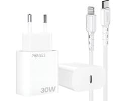 Snellader met usb C poort met geschikt voor Lightning naar usb C kabel - 30w oplader geschikt voor iPhone en iPad met oplaadkabel 1 meter wit