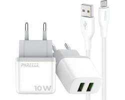 Phreeze usb adapter - Micro usb kabel 1 meter - 5v 2a power adapter met 2 poorten voor micro smartphone tablet ereader controller - Oplader kabel