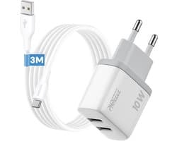 Phreeze usb oplader 2.4 A - Usb naar usb C kabel - 3 meter - Dubbele usb poort lader voor draadloze speaker koptelefoon powerbank smartphone tablet ereader