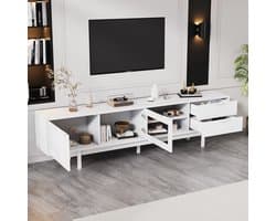 OKWISH TV meubel - Lowboard 200 cm met 2 deuren en 2 lades - Geschikt voor televisies tot 80 inch, veel opbergruimte - Spaanplaat + gehard glas - Wit