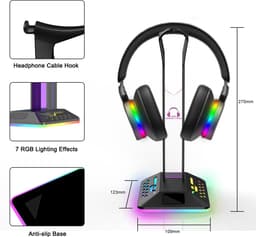 RGB Hoofdtelefoonstandaard - Headset Houder - Gaming Setup - 2 USB Poorten - 26.7x12.3x10.3cm - Zwart — thumbnail 3