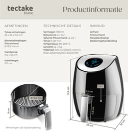 tectake® Airfryer - Heteluchtfriteuse, Airfryer, Touchscreen Display, div. Programma's, Airfryer Zonder Vet en Olie, Vaatwasmachinebestendig, Met Accessoires Receptenboekje (HF-568TS Mitch) — thumbnail 5