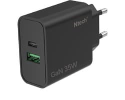Ntech - USB C Adapter 35W en USB-A 30W - USB C Oplader Zwart - USB C Snellader - USB C Lader - Universeel o.a. Telefoons & Laptops