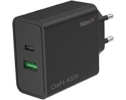 Ntech - USB C Adapter 45W en USB-A 18W - USB C Oplader Zwart - USB C Snellader - USB C Lader - Universeel o.a. Telefoons & Laptops