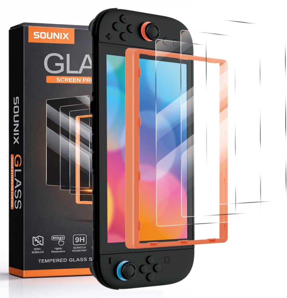 Screenprotector geschikt voor Nintendo Switch 2 met montage frame - Set van 3 stuks - Sounix - Screenprotector Tempered Glass - Gehard Glas — afbeelding 1