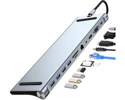 Deze 11-in-1 USB-C-hub ondersteunt tot 3 beeldschermen (waaronder 2 4K HDTV's), beschikt over een VGA-poort, USB 3.0/2.0-poorten, een USB-C-poort, een SD/TF-kaartlezer, een Ethernet-poort en ondersteunt PD 100W snelladen.