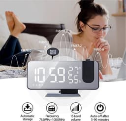 Projectiewekker met Spiegel & Wekkerradio – Groot LED-display, USB-laadfunctie, Dimbaar, Dubbel Alarm Wekker– Zwart — thumbnail 5