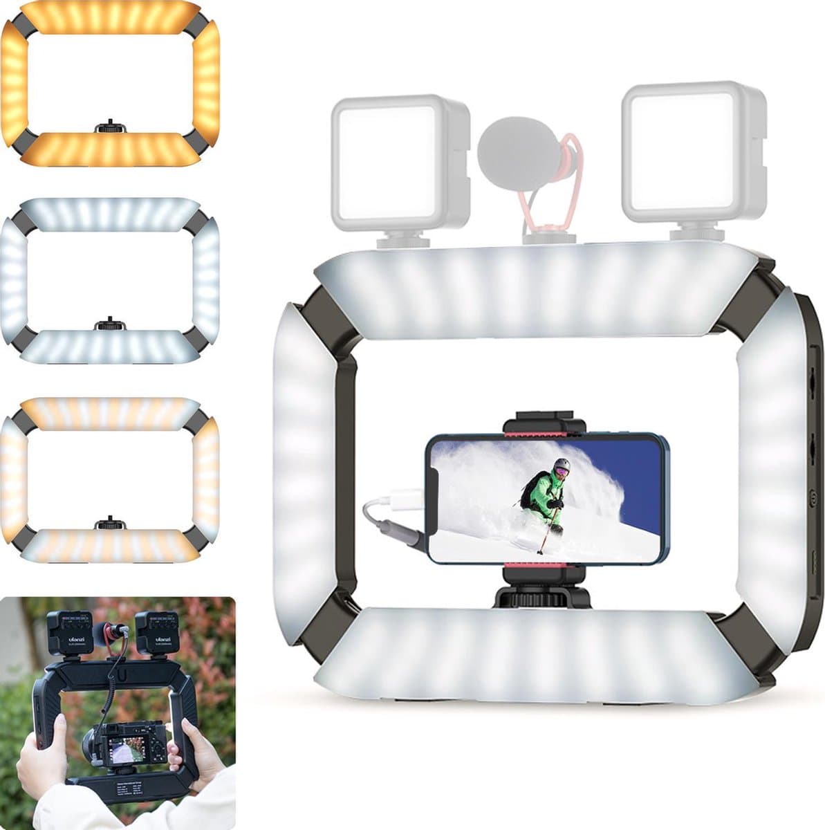 Ulanzi U200 Ringlamp Video Rig - met telefoonhouder en ingebouwde powerbank - 8000mAh - Cold shoe-aansluitingen - Universeel tot 8,2cm breed - Zwart — afbeelding 1