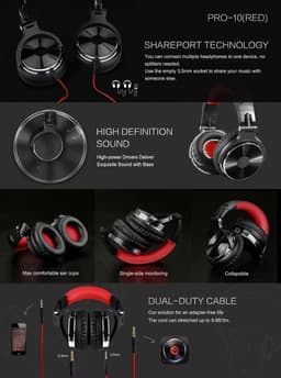 OneOdio Studio Dj Headphone Pro 10 - Over-ear Koptelefoon - Hoofdtelefoon - DJ set - Kop Telefoon - Professionele Koptelefoon - Muziek Studio - DJ Set Mengpaneel - DJ Headphones (Rood) — thumbnail 4