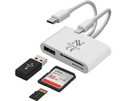Nuvance SD Kaart Lezer - 3 in 1 - Micro SD Kaart - USB naar USB C - 8-Pin - Geschikt voor alle Telefoons, Tablets & Laptops