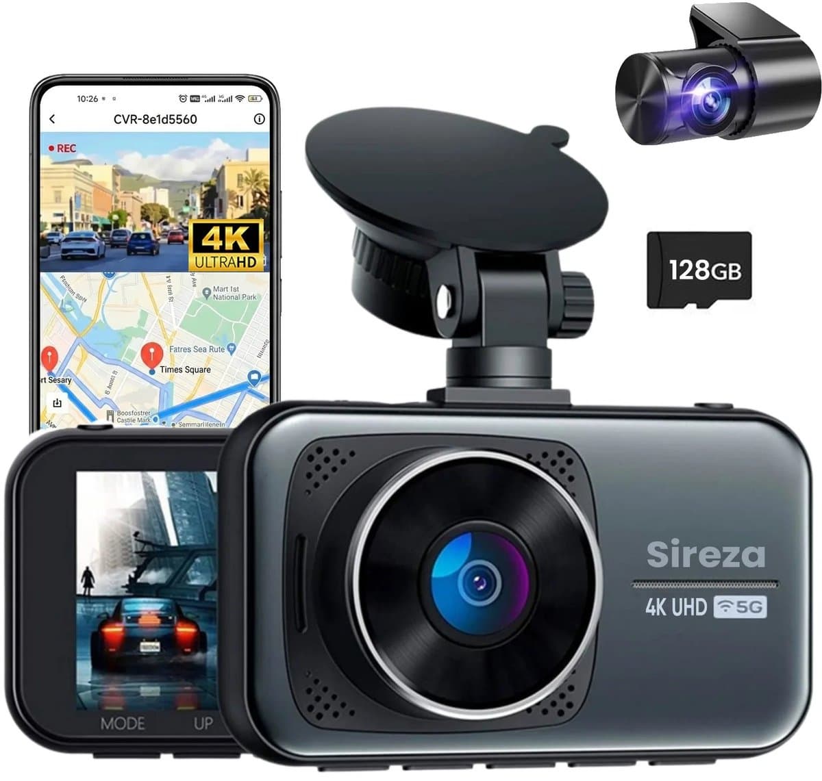 Sireza® D2 - Dashcam - Dashcam Voor Auto - Dual Dashcam - Ultra 4K & UHD - 3 inch met App - GPS live locatie + snelheid - 128GB SD Kaart - Loop Opname - G Sensor - mini koevoet - haakske usb-c oplaadkabel - NL/FR/ENG Handleiding + NL Systeem — afbeelding 1