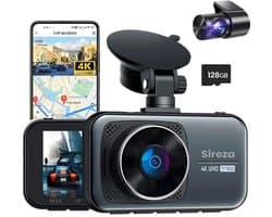 Sireza® D2 - Dashcam - Dashcam Voor Auto - Dual Dashcam - Ultra 4K & UHD - 3 inch met App - GPS live locatie + snelheid - 128GB SD Kaart - Loop Opname - G Sensor - mini koevoet - haakske usb-c oplaadkabel - NL/FR/ENG Handleiding + NL Systeem