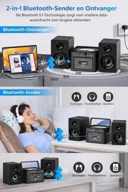 Stereo-installatie 40W met CD-speler & Cassetterecorder – 9-in-1 HiFi Muziekinstallatie met Bluetooth 5.1, FM-radio, USB, TF & Afneembare Houten Luidsprekers | Zwart — thumbnail 5