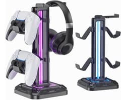 Elkuaie Headsetstandaard - Gamepadhouder - 360° Draaibaar Met Verlichting - 1 Stuk - Zwart
