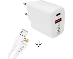 Dutch Quality® USB C 30 Watt Adapter oplader USB stekker MET 1 meter USB C naar Lightning kabel - Telefoon oplader - Snellader - USB-C PD Fast Charge - USB-A Quick Charge 3.0 - Incl. kabel geschikt voor Apple iPhone 14/13/12/11/10 - Oplaadblok USB