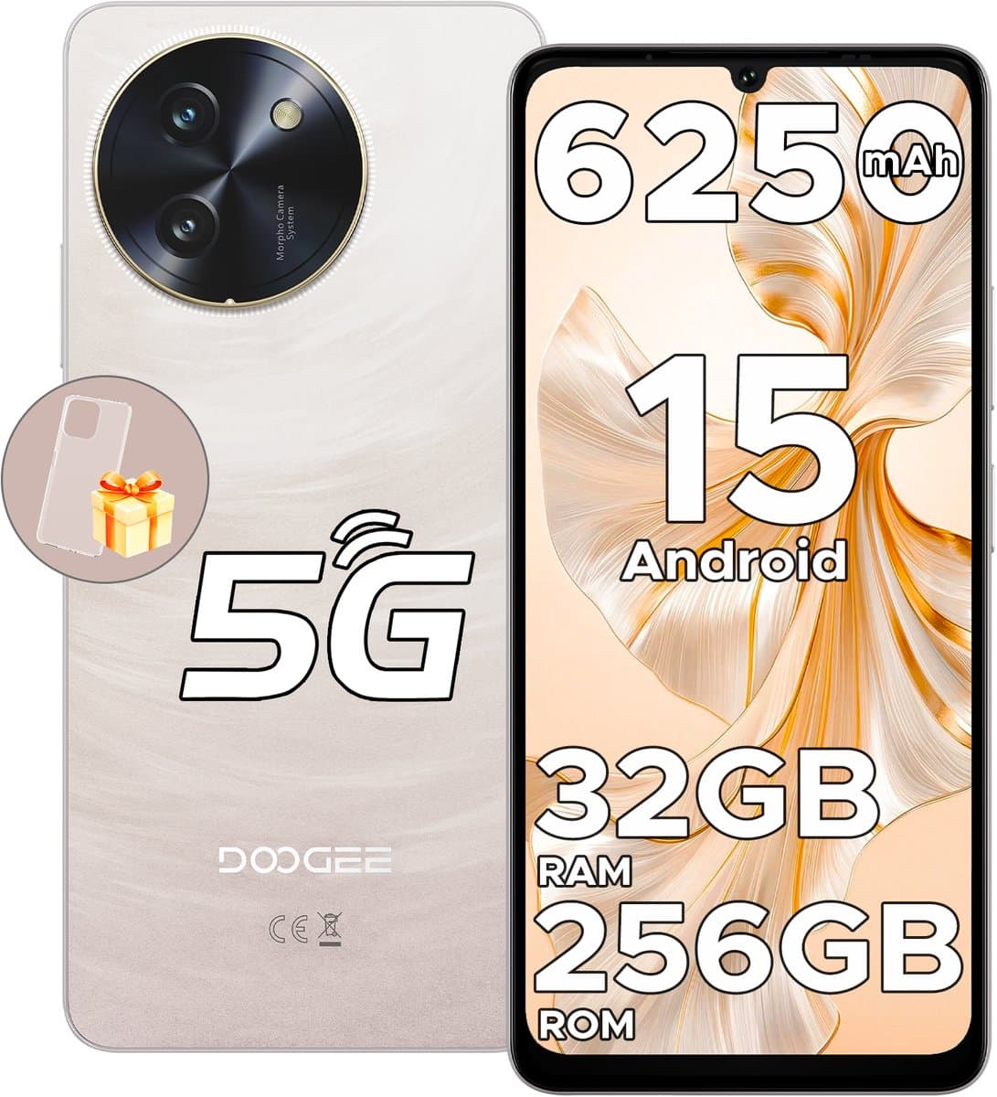 DOOGEE Note 59 Pro 5G - Smartphone - Mobiele Telefoon - 32 GB RAM+ 256 GB ROM (2TB/TF) - Android 15- 6,75 inch HD & 120Hz IPS - 6250 mAh - UNISOC T8200 - AI camera - Face ID - Widevine L1 - Goud — afbeelding 1