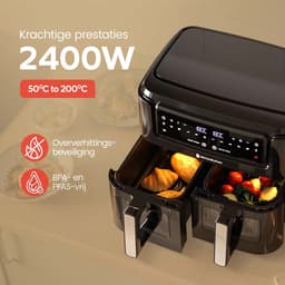 KitchenBrothers Dubbele Airfryer - PFAS-vrij - 2400W - Dual Zone - 9L - Heteluchtfriteuse - Airfryer XXL - 2 x 4.5L - 10 Kookprogramma's - Zwart — thumbnail 5