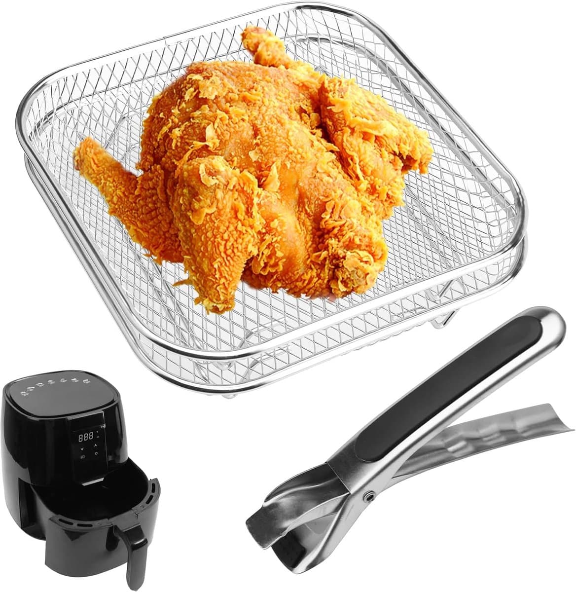 2 stuks rooster voor heteluchtfriteuse, 21 x 21 cm, airfryer-accessoires, heteluchtfriteuse, stapelbare mand voor airfryerrek, mand voor heteluchtfriteuse, airfryer, roosterinzet voor 5 l - 7,5 l — afbeelding 1