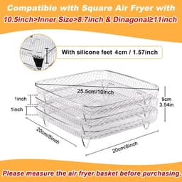 8-inch Vierkante Airfryer Rack - 3 stuks Stapelbare Roestvrijstalen Dehydrator Rack met Siliconen Voeten - Vierkante Airfryer Accessoires Geschikt voor Cosori 、Instant Vortex、Ninja Pro XL 6.5 QT AF181 en Meer — thumbnail 3