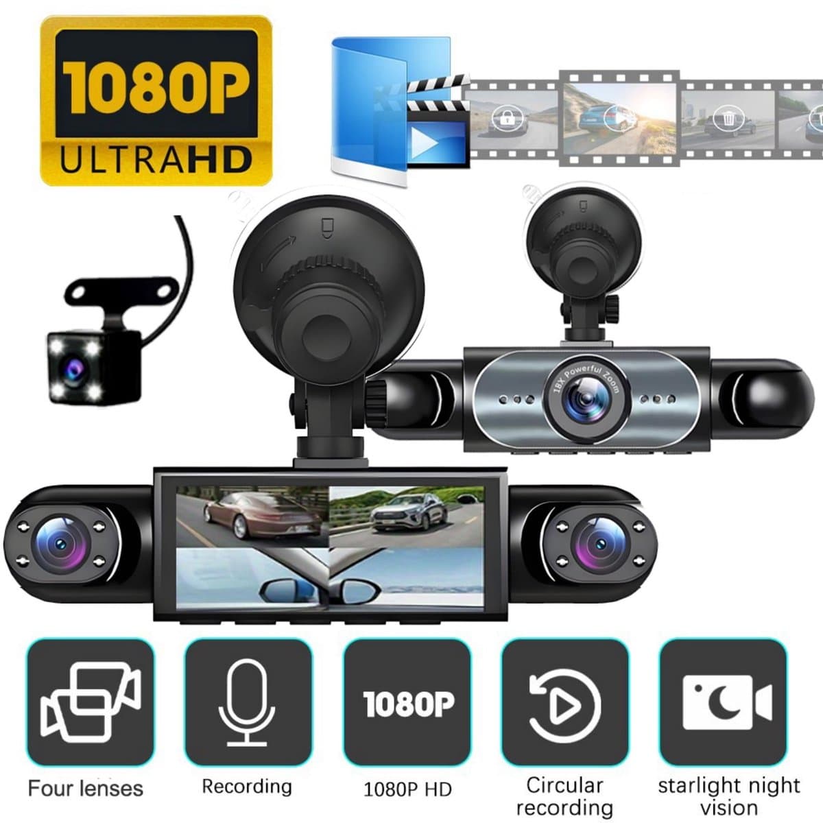 360° rondomzicht-dashcam met 4 kanalen, 1080p Full HD-opname, infrarood nachtzicht, G-sensor, loopopname, plug-and-play, geschikt voor voertuigen, taxivloten en thuisgebruik ter bescherming van de verkeersveiligheid. — afbeelding 1