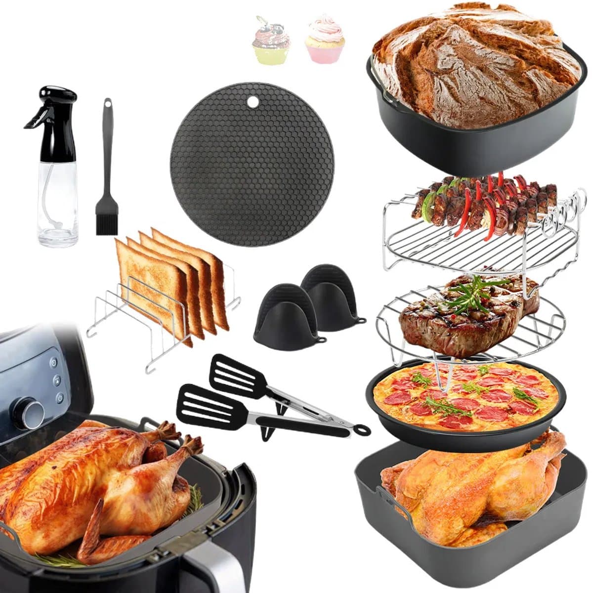 Accessoires voor de airfryer, 12-delige set inclusief siliconen airfryer-inzetstuk, airfryer-rekje en siliconen handschoenen. Geschikt voor alle airfryers met een diameter van 20 cm, compatibel met oven en magnetron. — afbeelding 1