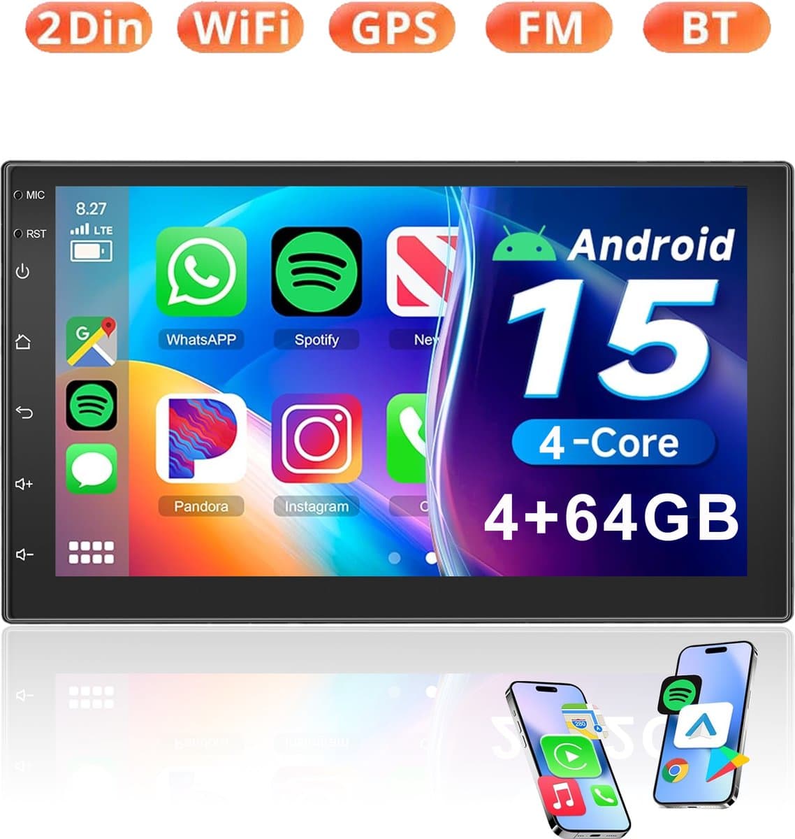 ESSGOO Autoradio 2Din Universeel - Android 15 - Apple Carplay & Android Auto (Draadloos) - 4+64GB - FM, Wifi, SWC - 7 Inch HD Touchscreen - GPS Navigatiesysteem — afbeelding 1