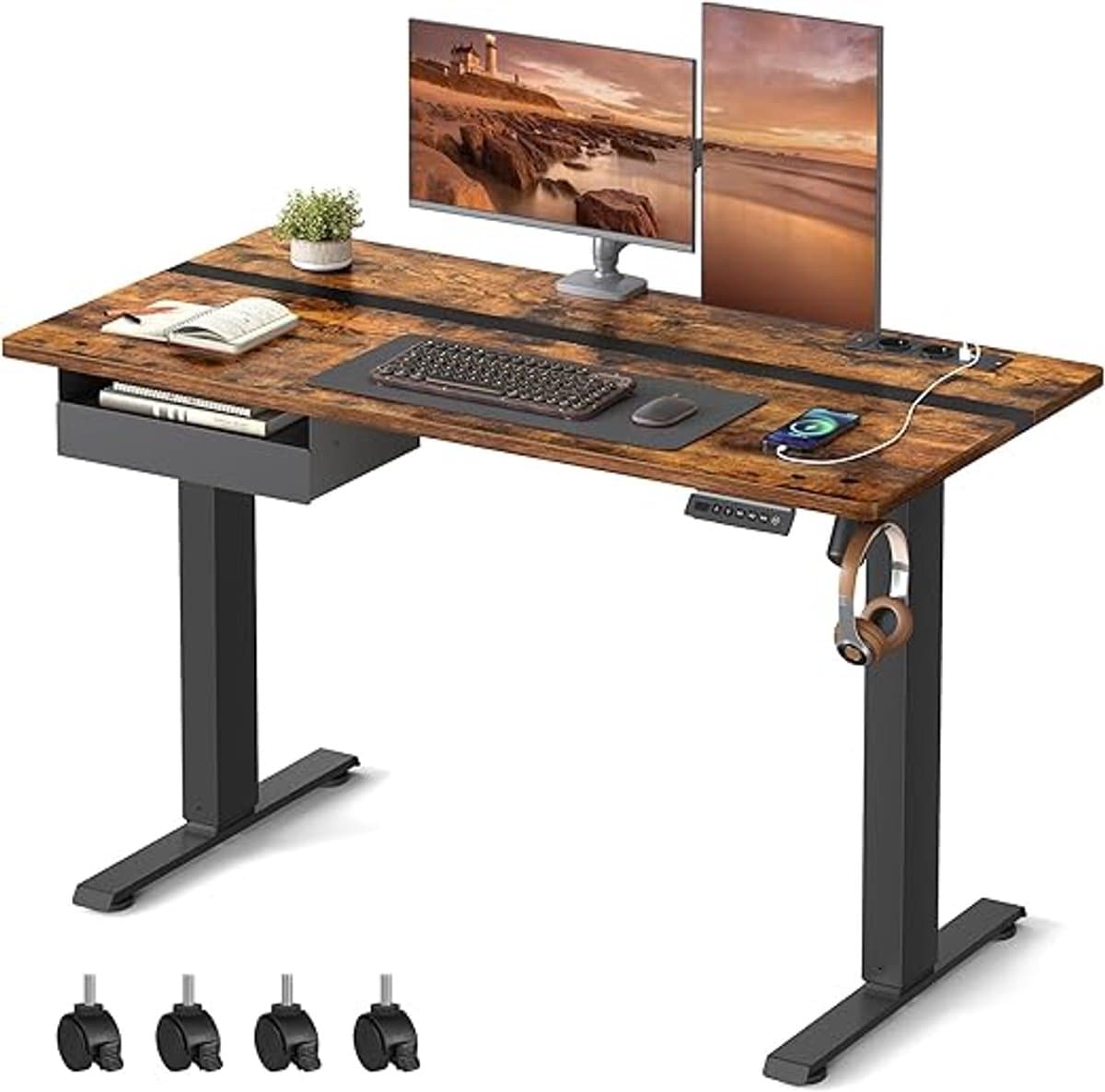 Elektrisch Zit-sta Bureau - Elektrisch Bureau verlichting en Geheugenfunctie - Bureau wielen - traploos verstelbaar - haak -60 x 120x (72-120) cm - Bruin - Zwart — afbeelding 1