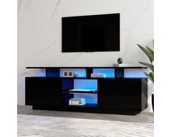 FloraGrace Tv Meubel - Led Verlichting Met App Bediening - Voor Televisie Tot 60 Inch - Spaanplaat Hoogglans Deur Met Glasvak - 140x35x55 Cm - Zwart