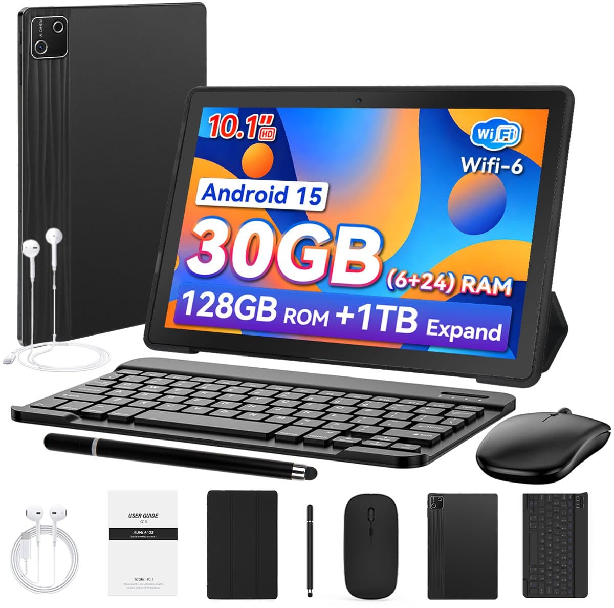 Hotlight G13L Tablet - Andriod 15 Tablet Met Toetsenbord - Hoes - Stylus - Muis- 30GB RAM+128GB ROM - Octa Core -10.1 inch - Widevine L1 - 6200 mAh - Wifi 6 - Zwart — afbeelding 1