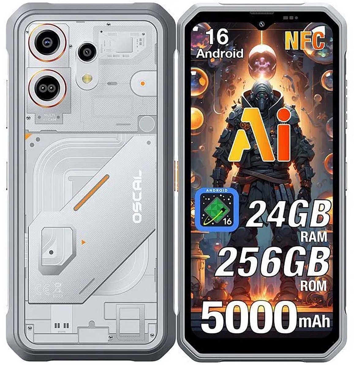 OSCAL MARINE 3 Robuuste Smartphone - 24GB RAM+256GB ROM - 5000mAh Robuuste Telefoon - 6,56 Inch - IP68 IP69K - Dual SIM 4G - Android 16 - BT5.0 - NFC GPS - Wit — afbeelding 1