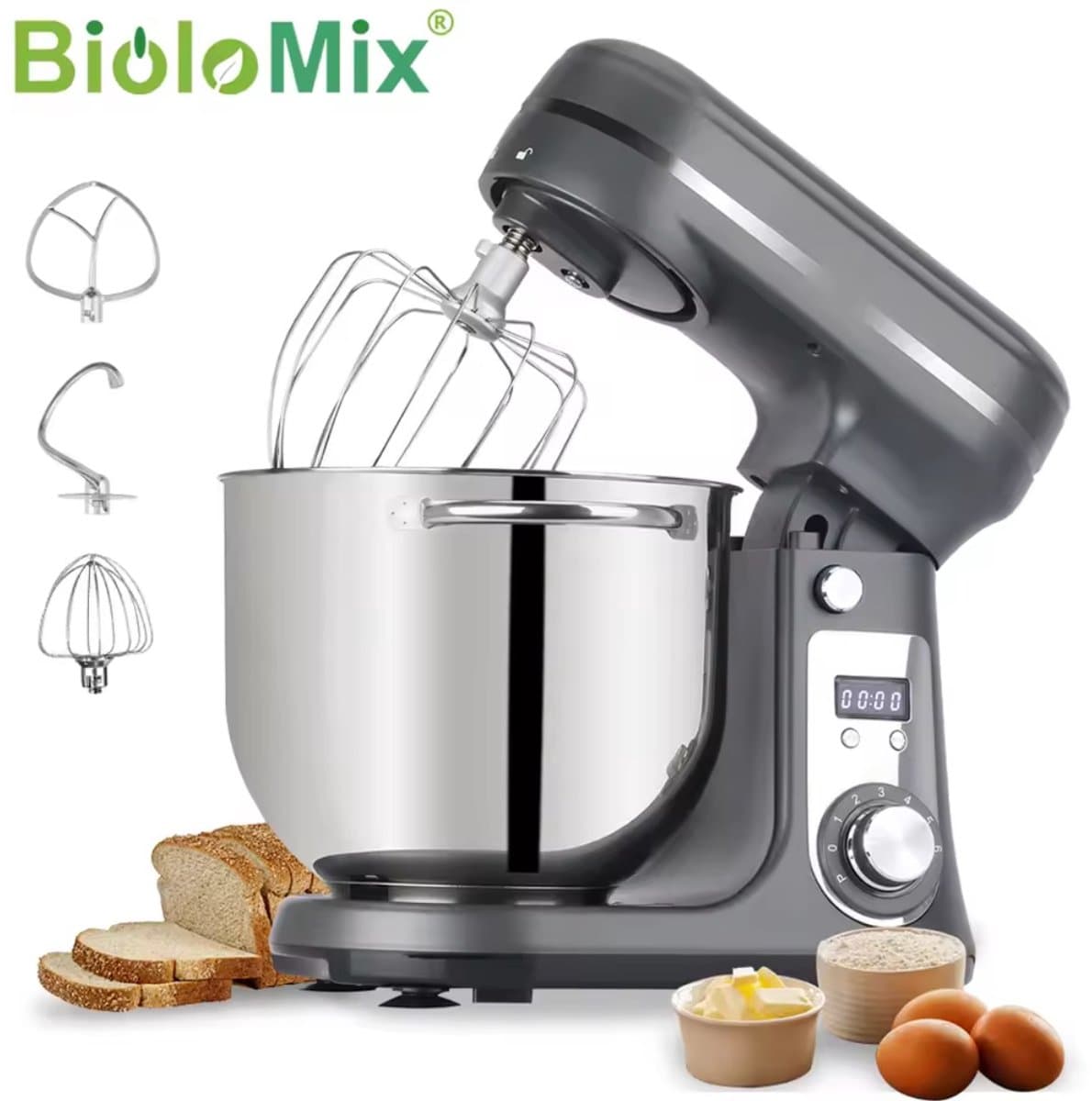 Biolomix Keukenmachine - Keukenmixer - Foodprocessor - Mixer - Blender - Stille motor - Keukenmachines - Mixer met mengkom - Mixers - 6L kom - 1200W - Grijs — afbeelding 1