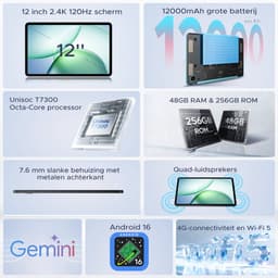 Aorlym P12 Pro - Tablet - 48GB RAM (12+36GB) + 256 GB ROM (2 TB/TF) - 12 Inch 2K 120Hz IPS - Android 16 - 12000mAh/18W - 4G LTE - Wi-Fi 5 - Bluetooth 5.0 - T7300 - Quad Speakers - Volledige accessoirebundel met toetsenbord en stylus — thumbnail 5