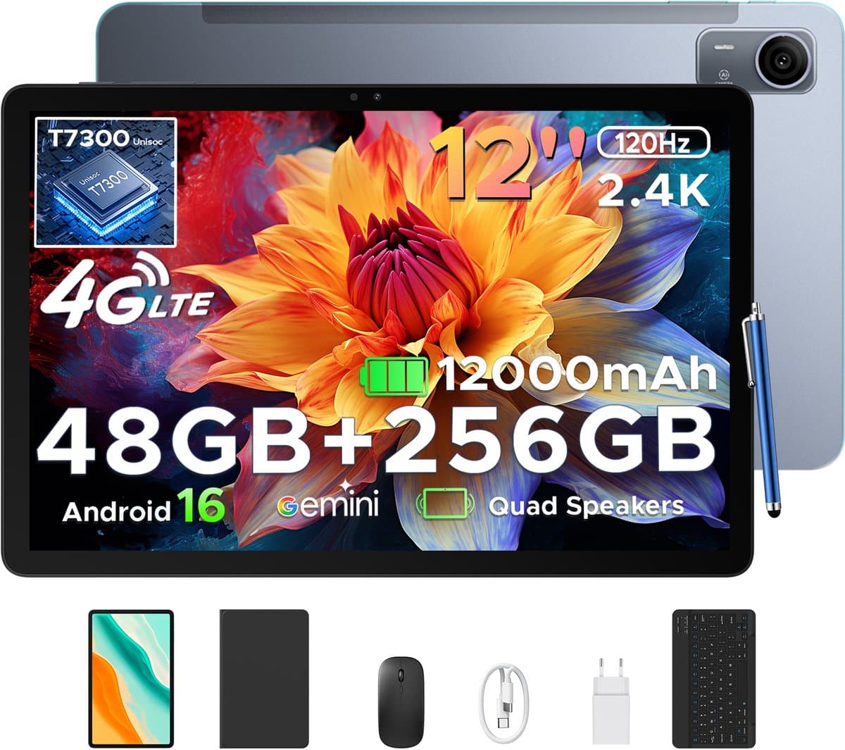 POCKAM P12 Pro - Tablet - 48GB RAM (12+36GB) + 256 GB ROM (2 TB/TF) - 12 Inch 2K 120Hz IPS - Android 16 - 12000mAh/18W - 4G LTE - Wi-Fi 5 - Bluetooth 5.0 - T7300 - Quad Speakers - Volledige accessoirebundel met toetsenbord en stylus — afbeelding 1