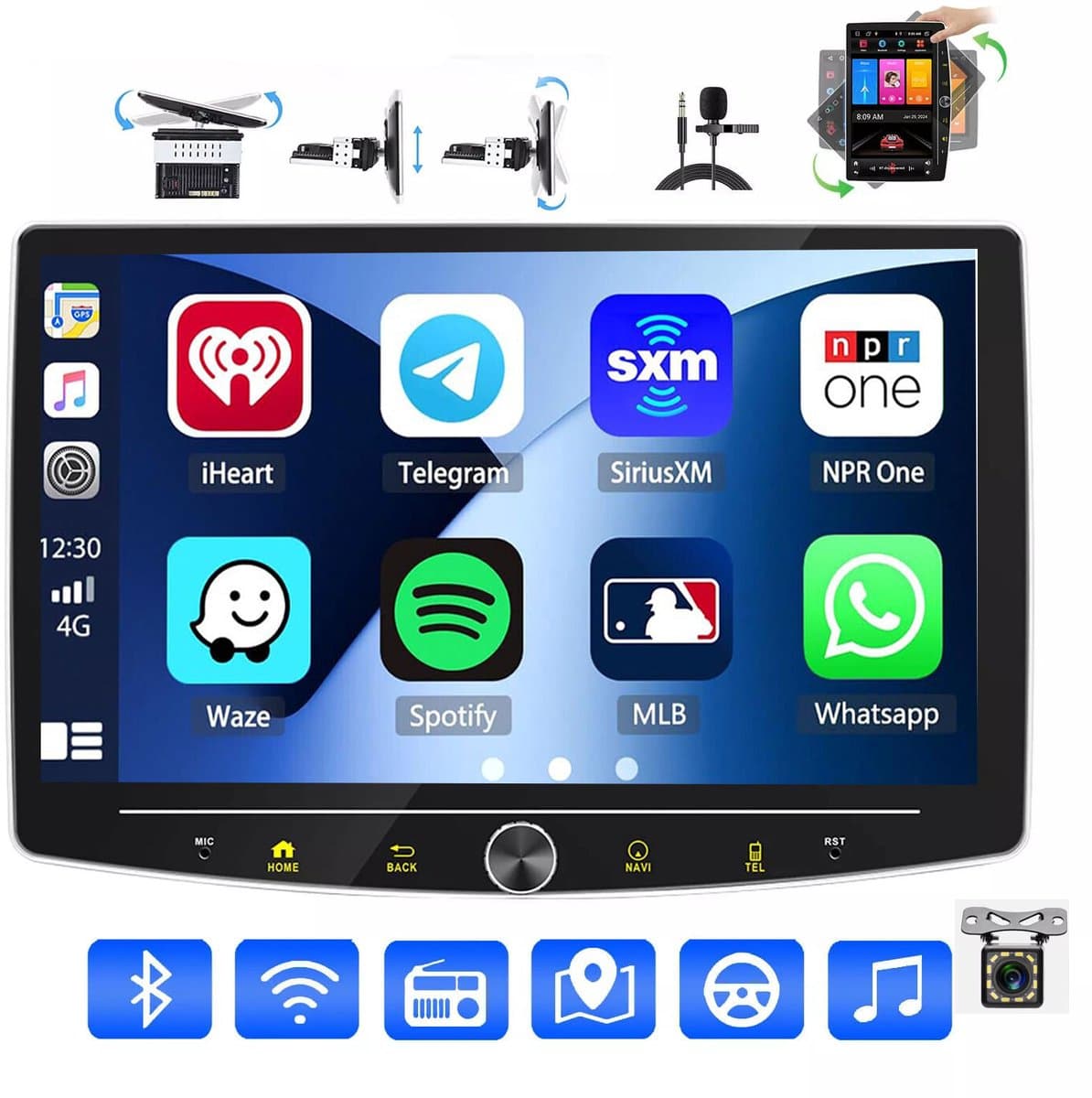ESSGOO 1DIN Autoradio auto met 10,1 Inch 360° draaibaar scherm - autoradio geschikt voor CarPlay en Android auto - Android 15 4 + 64 GB - Bluetooth FM RDS - multimediaspeler - 12LED-achteruitrijcamera - microfoon — afbeelding 1