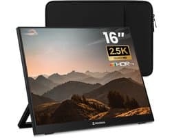 Remodius® Portable Monitor 16 Inch + Sleeve – Ultradunne 2.5K Draagbare Monitor – Reisdisplaybundel met Beschermhoes – USB-C & Mini HDMI – IPS Scherm, HDR, Ingebouwde Kickstand – Voor Laptop, Mac & Smartphone