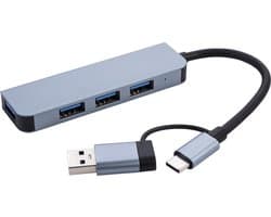 USB-C Hub 4 Poorten USB 3.0 – 5 Gbps – Inclusief USB-C naar USB-A Adapter – Laptop USB Splitter – Grijs