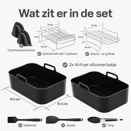 Airfryer Accessoireset 10-delig – Siliconen Bakjes, RVS Rekken, Spiesenrek, Tang, Spatel & Bakkwast – Geschikt voor Dual Zone Airfryer 7-10L – Vaatwasserbestendig & Hittebestendig 230°C — thumbnail 4