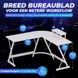 Lexorion L-Vormig Game Bureau Hoekbureau | Game Bureau | Game Bureau Wit | Computerbureau – Gaming Bureau – Waterproof & Krasbestendig – Monitor Stand — thumbnail 4
