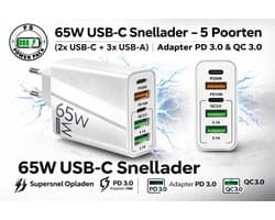 65W USB-C Snellader – 5 Poorten (2x USB-C + 3x USB-A) | Adapter PD 3.0 & QC 3.0 |FS Power Pack Universele Multiport Oplader voor iPhone, Samsung, iPad, Laptop & Meer-Wit