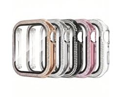 5 stuks Zwart transparant zilverkleurig roze en rosé goudkleurig smartwatch screenprotector met beschermhoes set geschikt voor Apple Watch 41 mm serie 7 / 8 / 9 PC case met dubbele rij strass steentjes