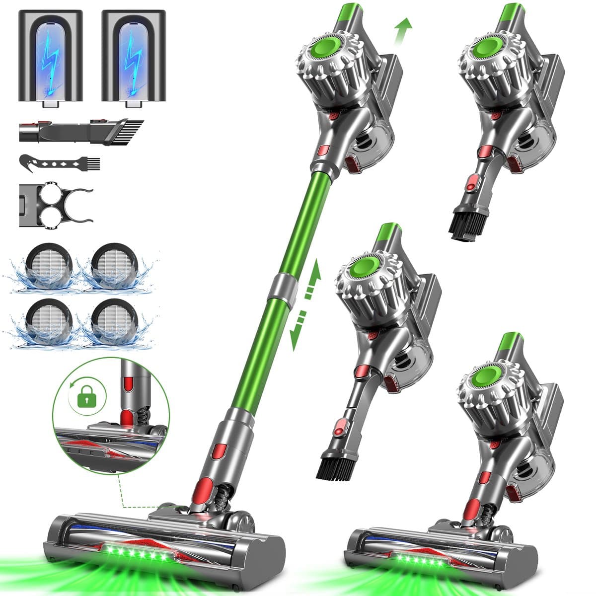 Fukstern Steelstofzuiger Draadloos – 38KPa Krachtige Zuigkracht – Tot 60 Min Accuduur – Anti-Klit Vloerborstel – 4-voudig HEPA-Filtersysteem – 1,6L Stofreservoir – Groen licht & krachtige reiniging – groen — afbeelding 1