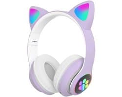 Kinder hoofdtelefoon - cat headphones| Draadloze koptelefoon Bluetooth met led kattenoortjes paars | Koptelefoon voor Kinderen - Met Led Kat Oortjes | met verlichting poot