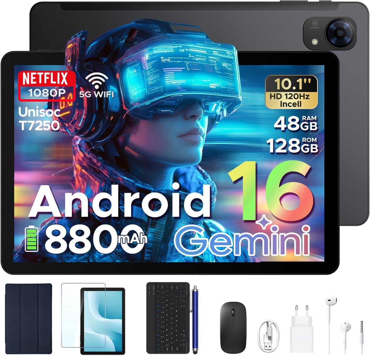 POCKAM P10 Pro - Tablet - 48 GB RAM (8+40 GB) + 128 GB ROM (2 TB/TF) - Android 16 - 10,1 inch HD 120 Hz - 8800 mAh - Gemini AI - T7250 Octa Core - Face ID - Dubbele luidsprekers, complete accessoirebundel met toetsenbord en stylus — afbeelding 1