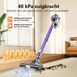 Fukstern Draadloze Steelstofzuiger - 40kPa Zuigkracht - 55 Minuten Werktijd - 2 Zuigstanden - 5-lags HEPA-filtersysteem - Paars — thumbnail 2